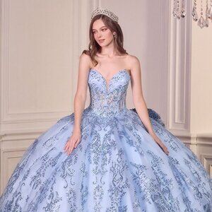 New Blue Strapless Layered Quinceanera Tulle Gown w/ Sequins Embroidery CD 15732